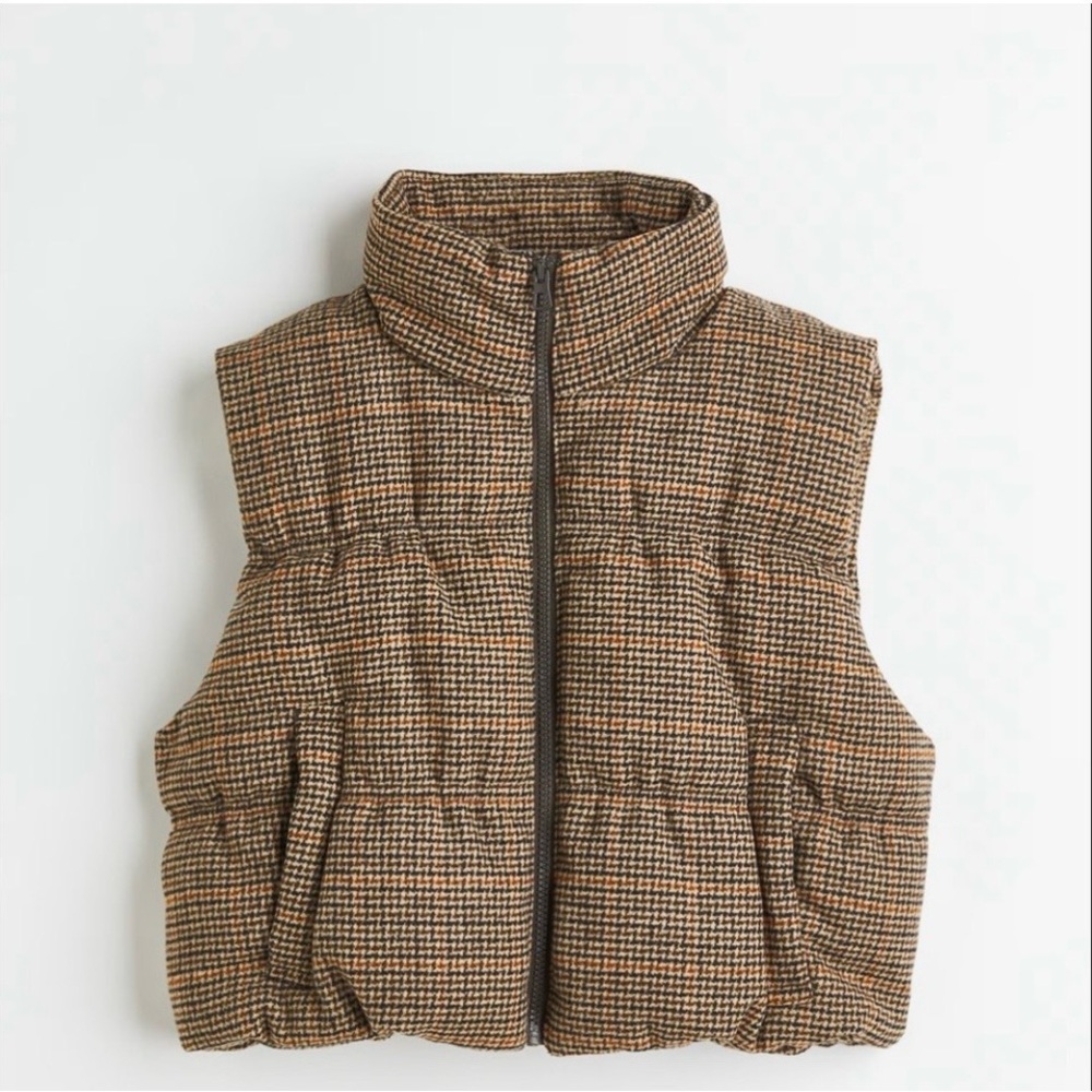 H&M Cropped Checkered Puffer Vest Brown Beige Orange Small
